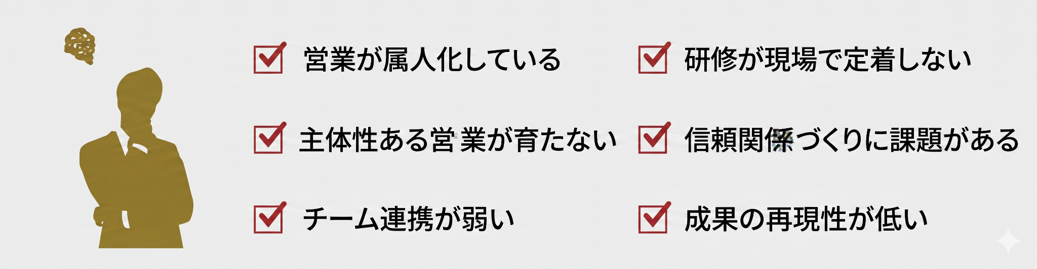 営業が属人化している、研修が現場で定着しない、主体性ある営業が育たない、信頼関係づくりに課題がある、チーム連携が弱い、成果の再現性が低い